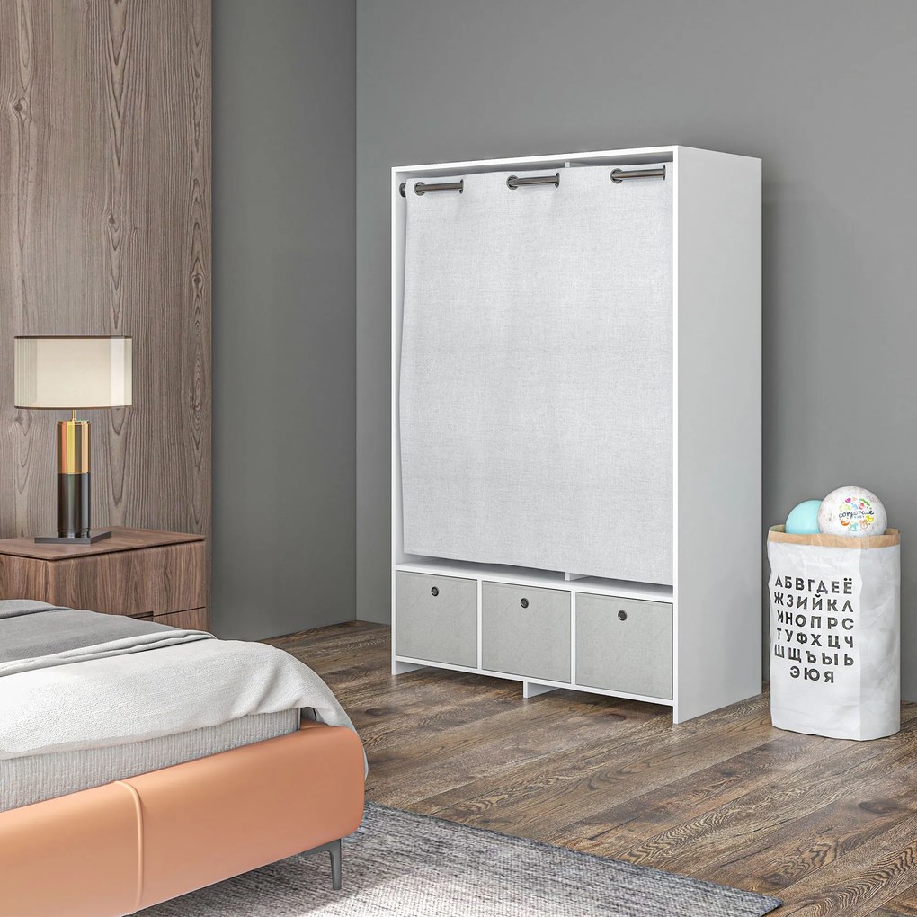Guarda-roupa com varão para cortinas e 3 gavetas de tecido removíveis, 105 x 48 x 160 cm, branco
