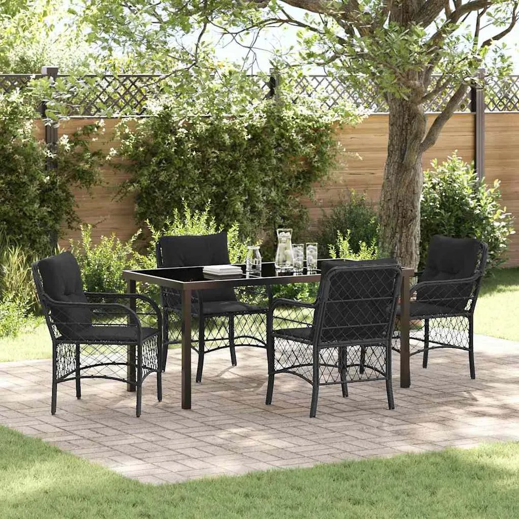 vidaXL Conjunto de Jantar de Jardim com 5 Peças e Almofadas Pretas em Rattan