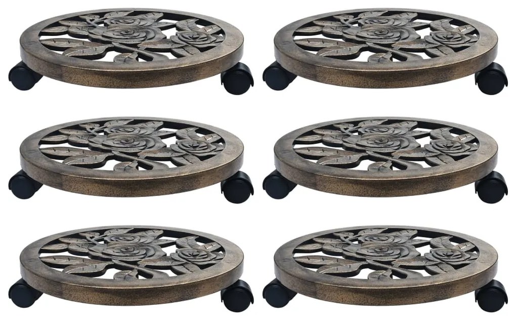 48229 vidaXL Suportes com rodas para plantas 6 pcs 38 cm plástico bronze