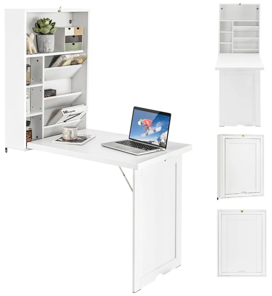 Secretária de parede dobrável conversível com divisória de 3 níveis prateleiras ajustáveis ​​mesa de jantar com economia de espaço escritório 60 x 94,