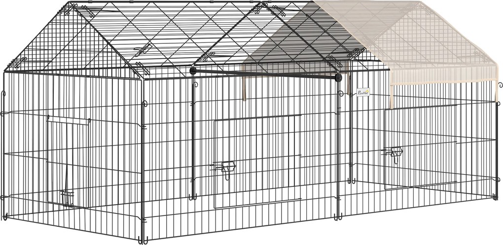 Gaiola para animais de estimação, estrutura em metal galvanizado, inclui 4 estacas de fixação ao solo, 220 x 103 x 103 cm, preto e bege