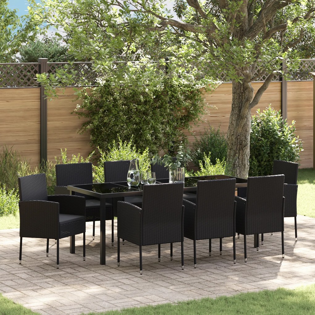 vidaXL Conjunto de Jantar Jardim com Almofadas 9 Peças Rattan Preto