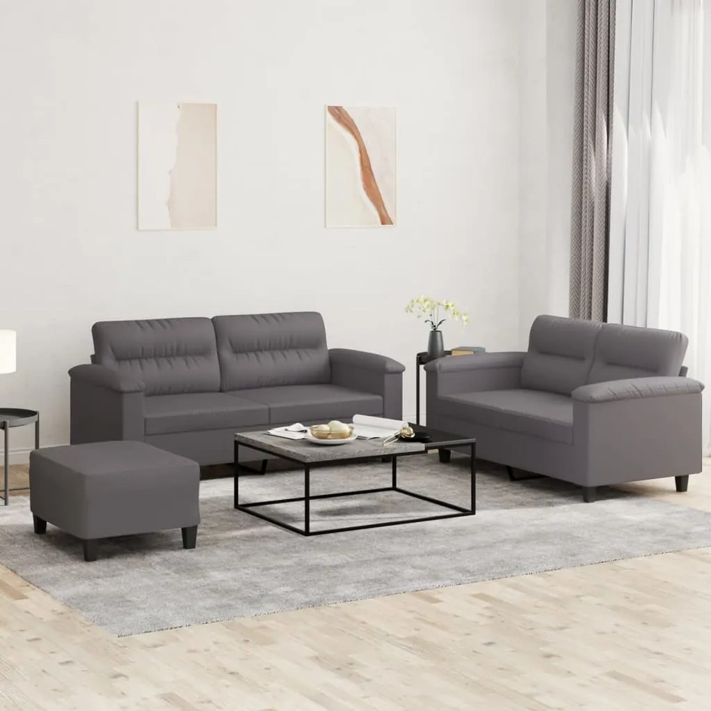 3 pcs conjunto de sofás c/ almofadões couro artificial cinzento