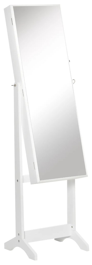 HOMCOM Espelho Joalheiro de Pé com Ângulos Ajustáveis Fechadura Magnética Organizador de Joias com Prateleiras 46x36,5x151,5cm Branco