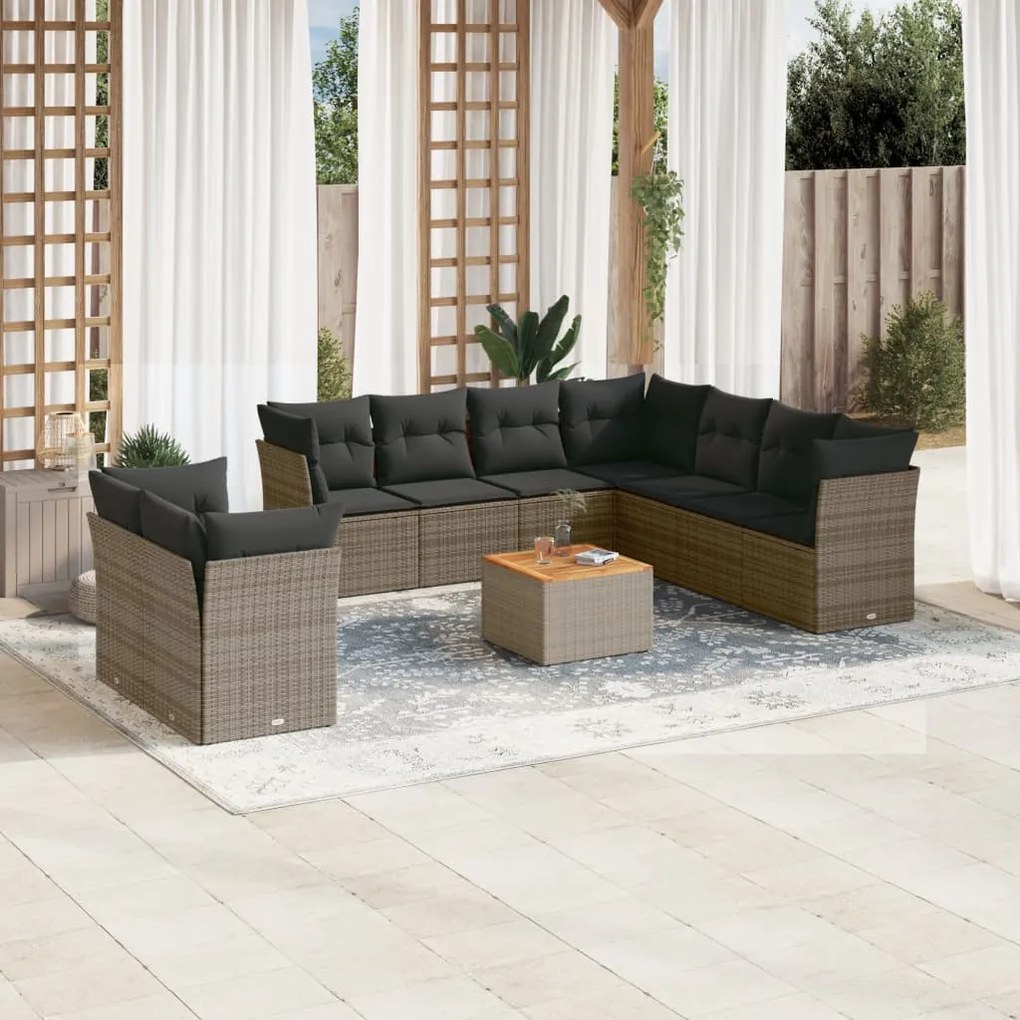 vidaXL 10 pcs conjunto sofás de jardim c/ almofadões vime PE cinzento