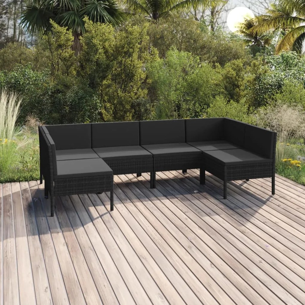 vidaXL 6 pcs conjunto lounge de jardim c/ almofadões vime PE preto