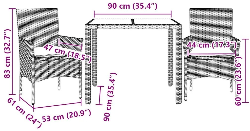 3 pcs conjunto jantar jardim c/ almofadões PE/vidro cinza claro