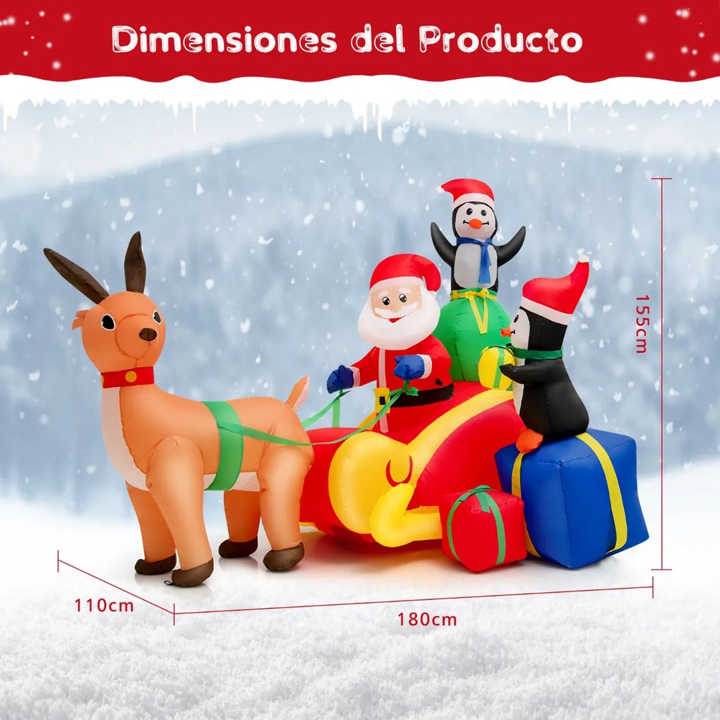 Pai Natal Decoração de Natal Insuflável Conduzindo um trenó de renas com 2 Pinguins Luzes LED e Soprador