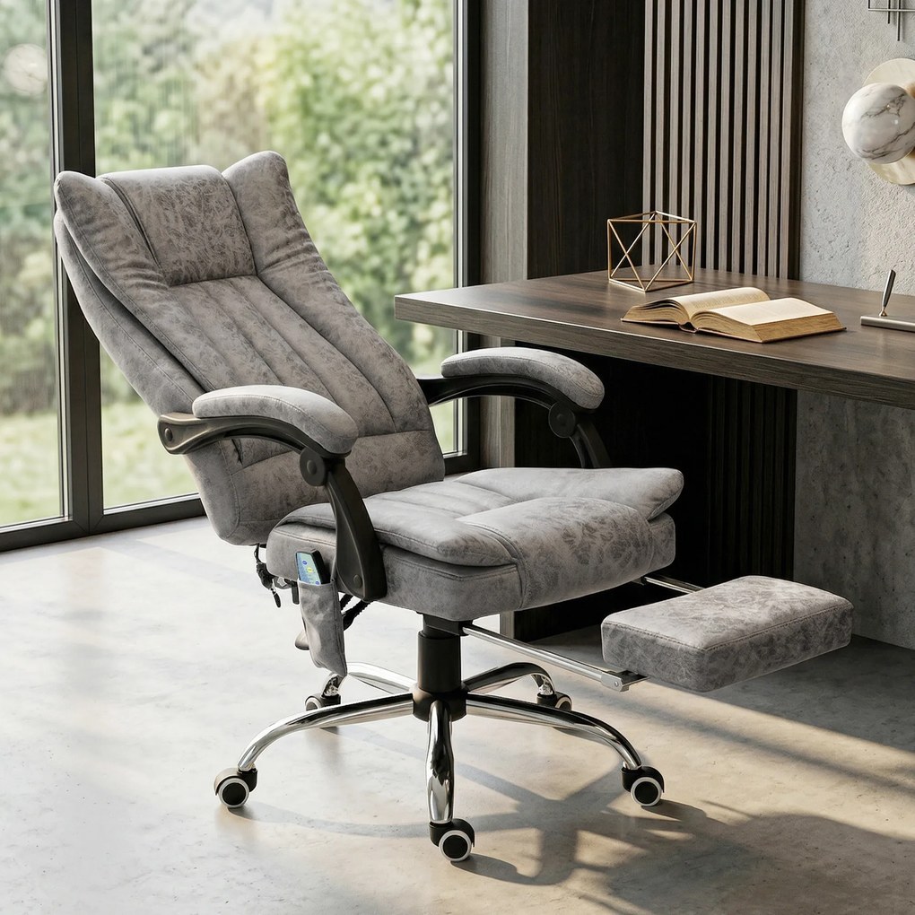 Cadeira de Escritório com 6 Pontos de Massagem Giratória Encosto Reclinável 135º Função de Aquecimento 62x67x113-120 cm Cinza