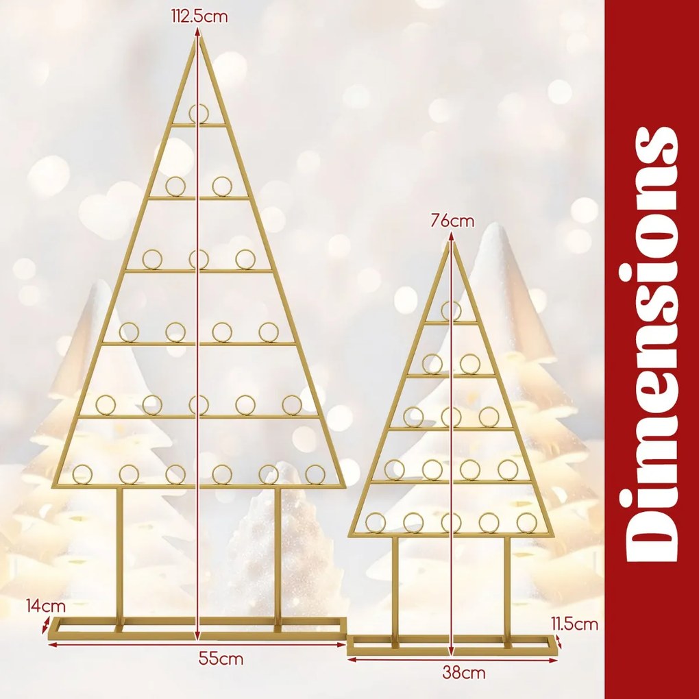 Conjunto de 2 suportes para cartões ou fotos em forma de árvore de Natal com 36 clipes redondos de metal dourados