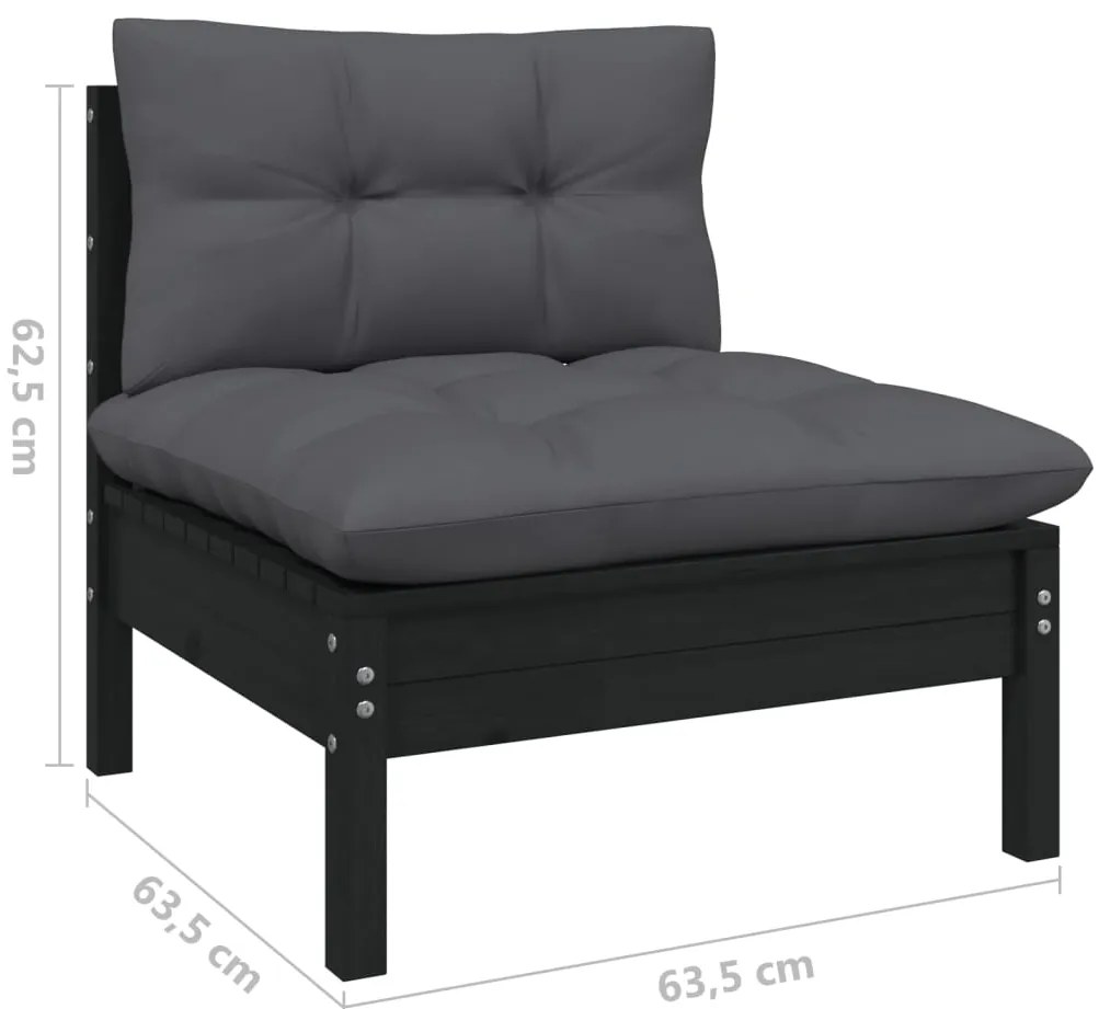 3 pcs conjunto lounge jardim c/ almofadões pinho maciço preto