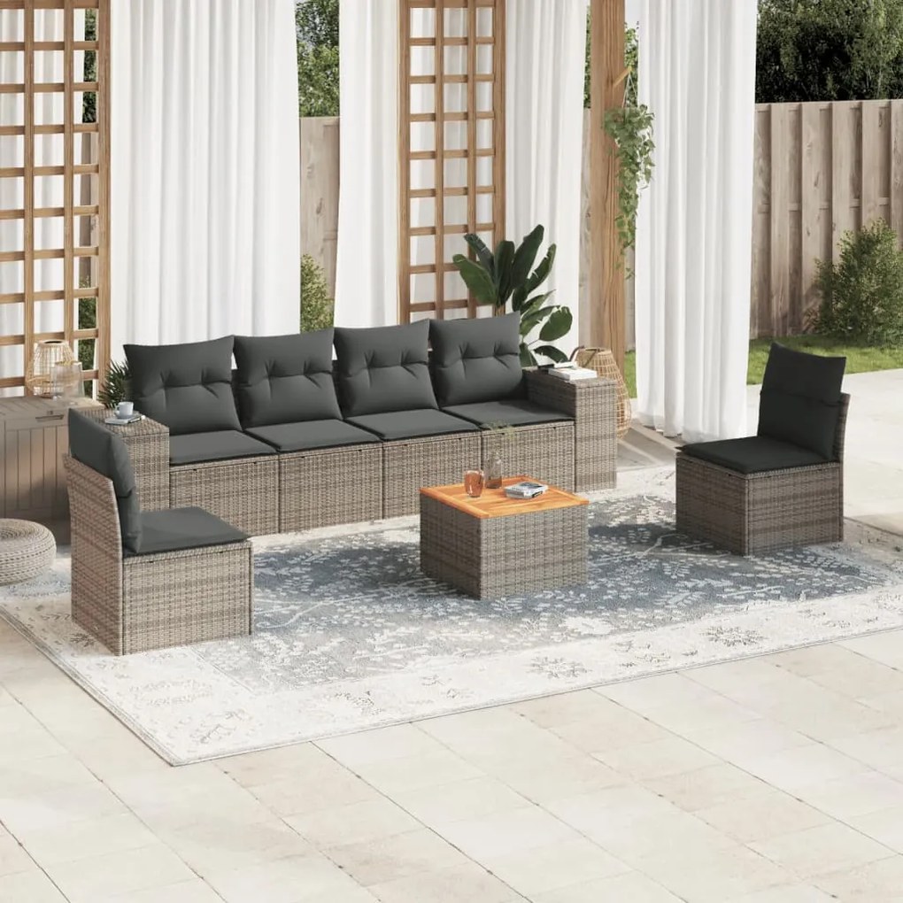 7 pcs conjunto sofás p/ jardim c/ almofadões vime PE cinzento