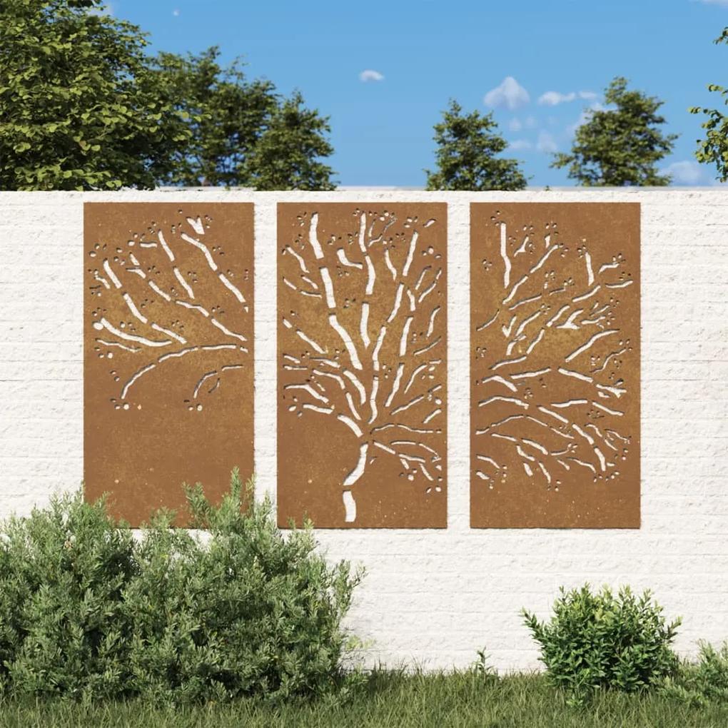 Decoração muro de jardim 3pcs 105x55cm aço corten design árvore