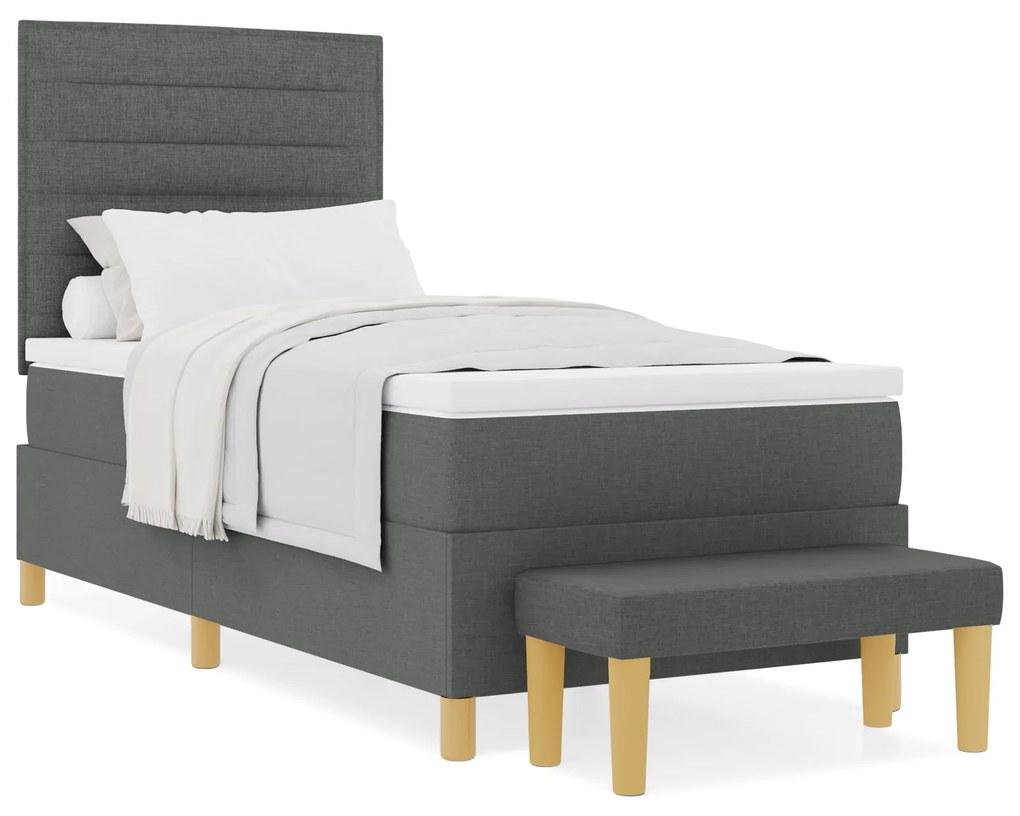 Cama Box Spring com Colchão e Banco Cinza Escuro 90x200 cm Tecido