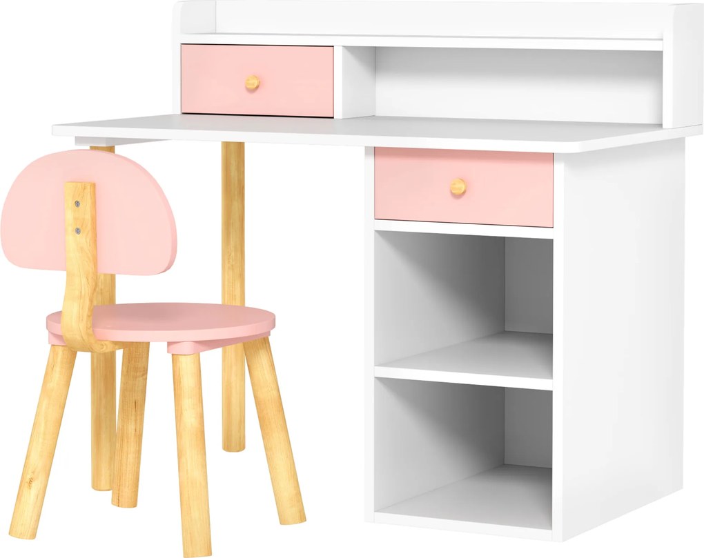 Conjunto de Secretária e Cadeira para Crianças Mesa de Estudo com Prateleiras e Gaveta Carga 80 kg 85x48x73 cm Rosa