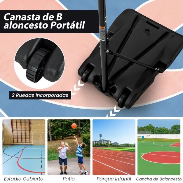 Suporte portátil para cesto de basquetebol Altura ajustável Sistema de baliza de basquetebol com base acolchoada 2 rodas lisas Preto