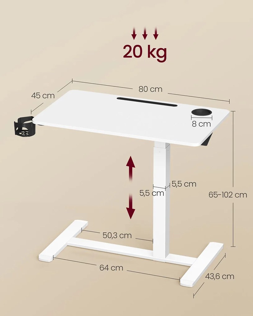 Mesa auxiliar móvel com altura ajustável e rodas 80 x 45 x 65-102 cm Branco