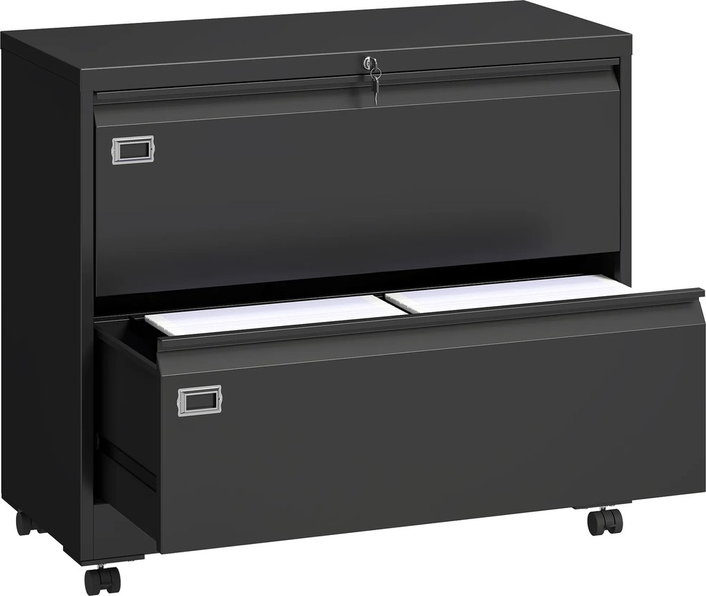 HOMCOM Gaveteiro com 2 gavetas, fechável, armário de arquivos com sistema de arquivos suspensos ajustável 90 x 40 x 77,4 cm Preto | Aosom Portugal