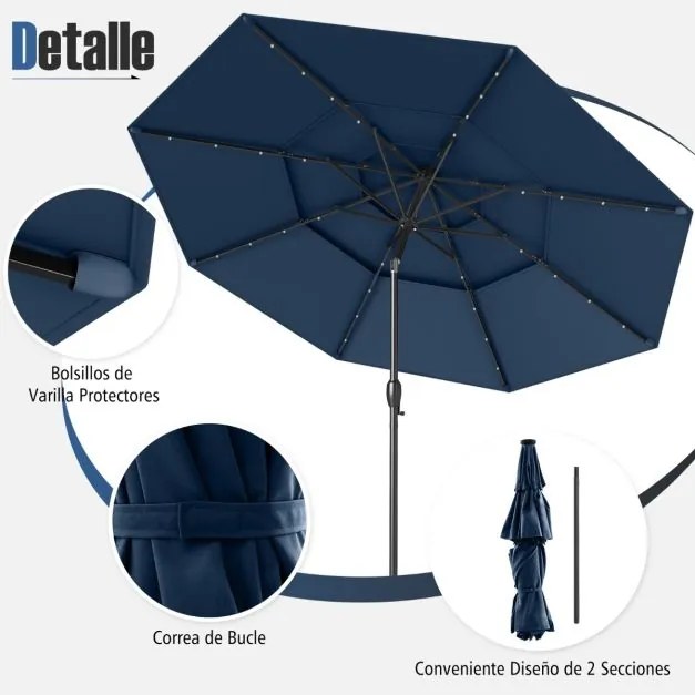 Guarda-sol Jardim de 313 cm com 32 luzes LED Teto ventilado de 3 níveis Ajuste de inclinação Azul Marinho