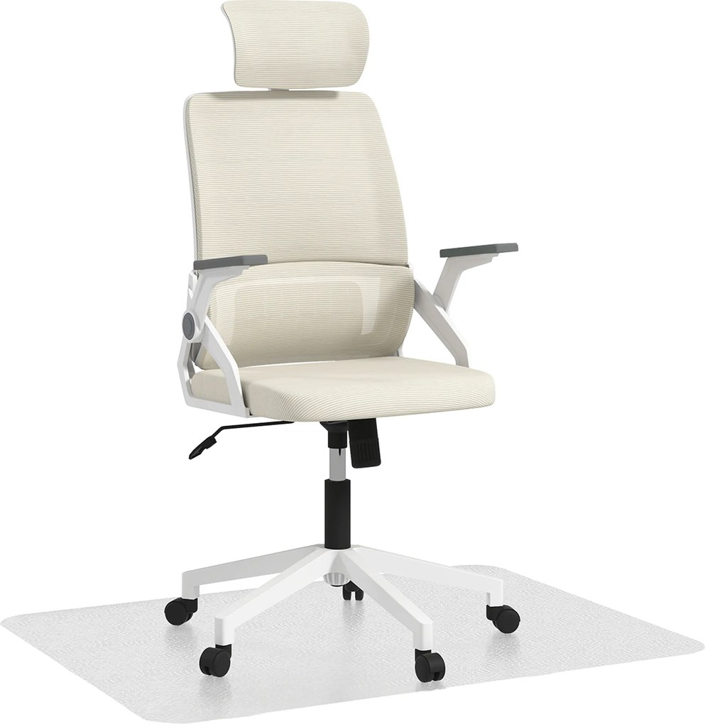 Vinsetto Conjunto de Cadeira de Escritório com Função de Baloiço Altura Ajustável Apoio de Cabeça Regulável Bege e 1 Tapete Protetor 90x120 cm Transparente | Aosom Portugal