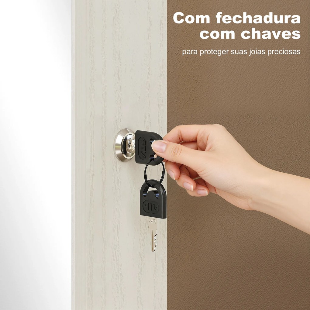 Espelho de Joias com Luz LED, Armário Montado na Parede ou Porta com Fechadura e Espelho Branco de Corpo Inteiro