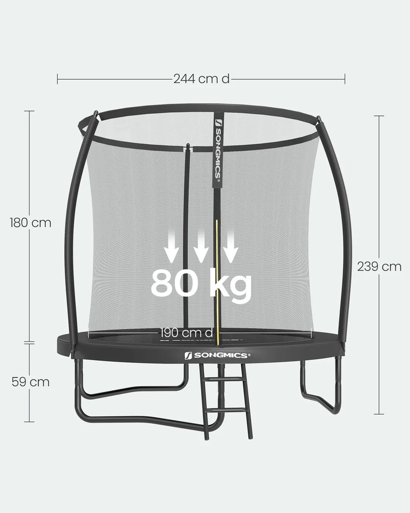 Trampolim de 244 cm de diâmetro com rede de segurança e varas curvas, preto