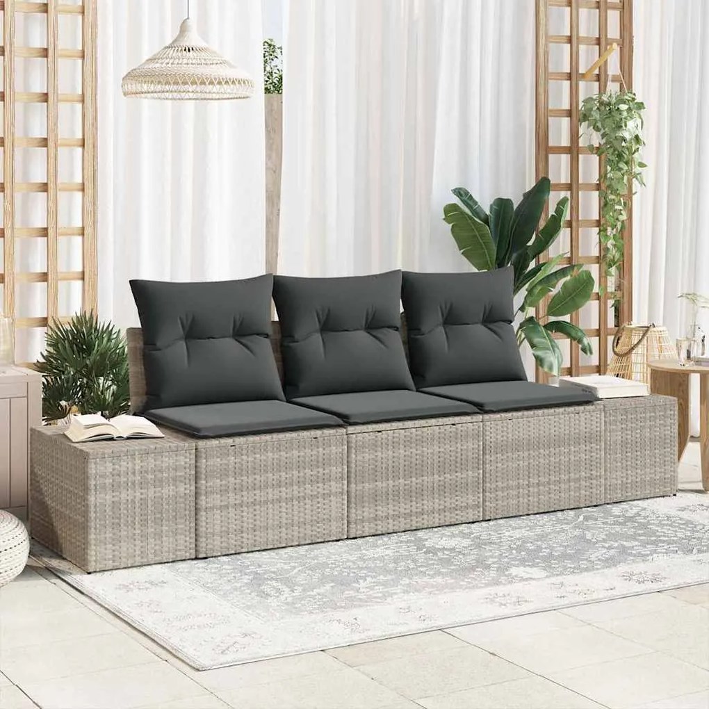 vidaXL Conjunto de Sofá de Jardim de 3 Peças com Almofadas Cinzas Claro em Rattan