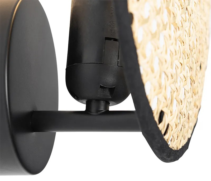 Candeeiro de parede rústico preto com ráfia 25 cm - Kata Oriental,Rústico