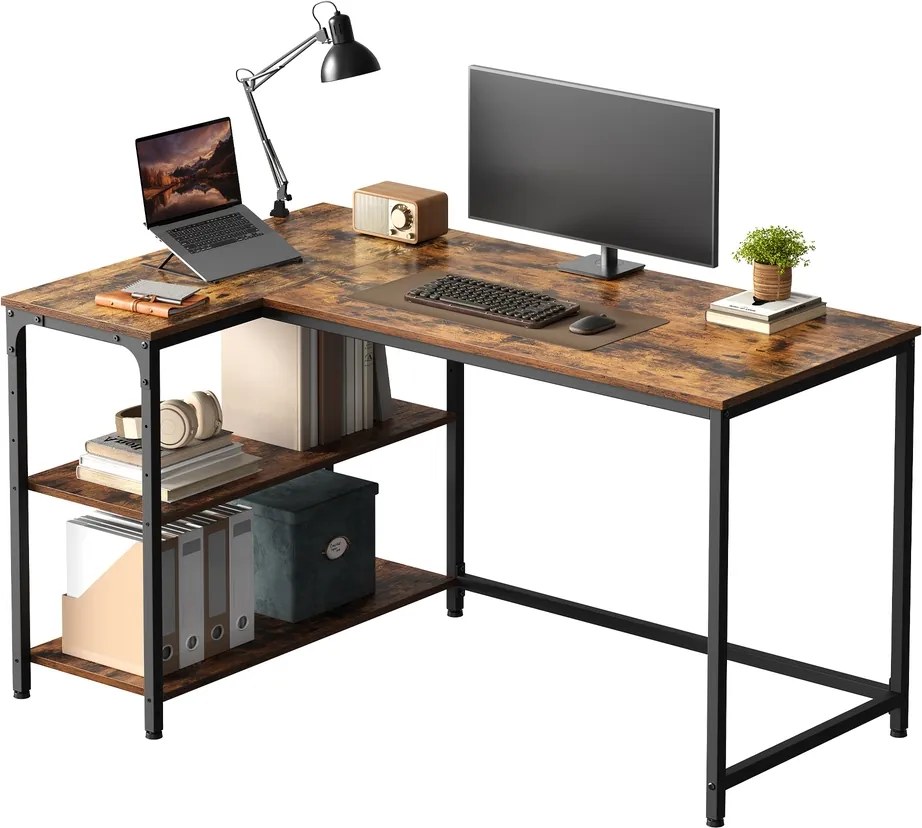 Secretária com espaço de arrumação em L, prateleira ajustável em altura 120 x 80 x 76 cm castanho