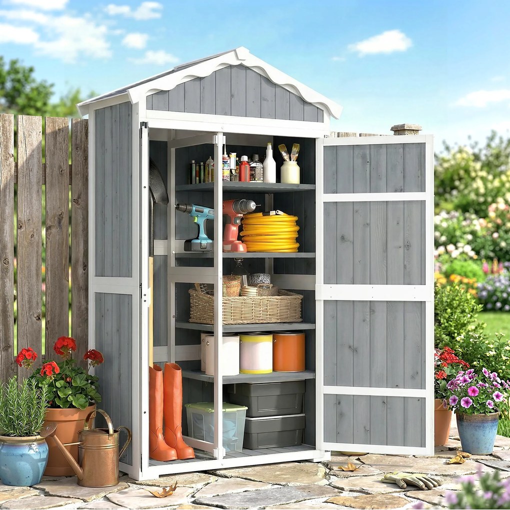 Armário de Jardim de Madeira 105x55x179 cm Abrigo de Exterior com Portas 4 Prateleiras Extraíveis Teto Metal Galvanizado Cinza