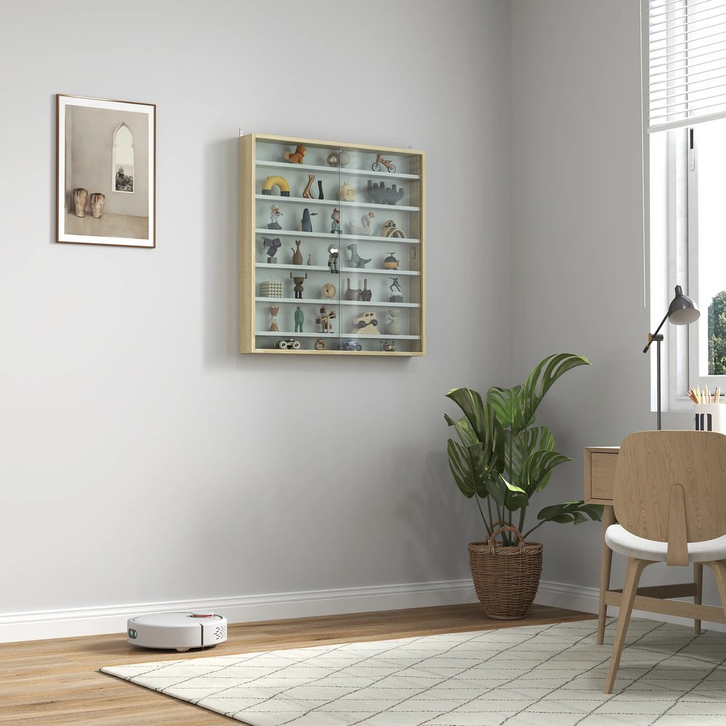 Vitrine para coleção, vitrine de parede, 80 x 9,5 x 83 cm, 6 prateleiras com altura ajustável, 2 portas de correr em vidro branco, e cor carvalho