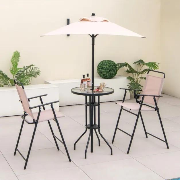 Conjunto Jardim de 4 peças de mesa de terraço e 2 cadeiras com guarda-sol Conjunto de mesa de vidro temperado e cadeiras dobráveis para jardim e varan