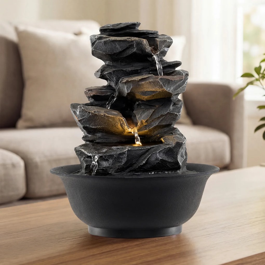 Fonte de mesa em cascata com bola de cristal giratória 21,5 x 26 cm, luz LED colorida, caudal ajustável, bomba silenciosa, decoração zen para casa e e