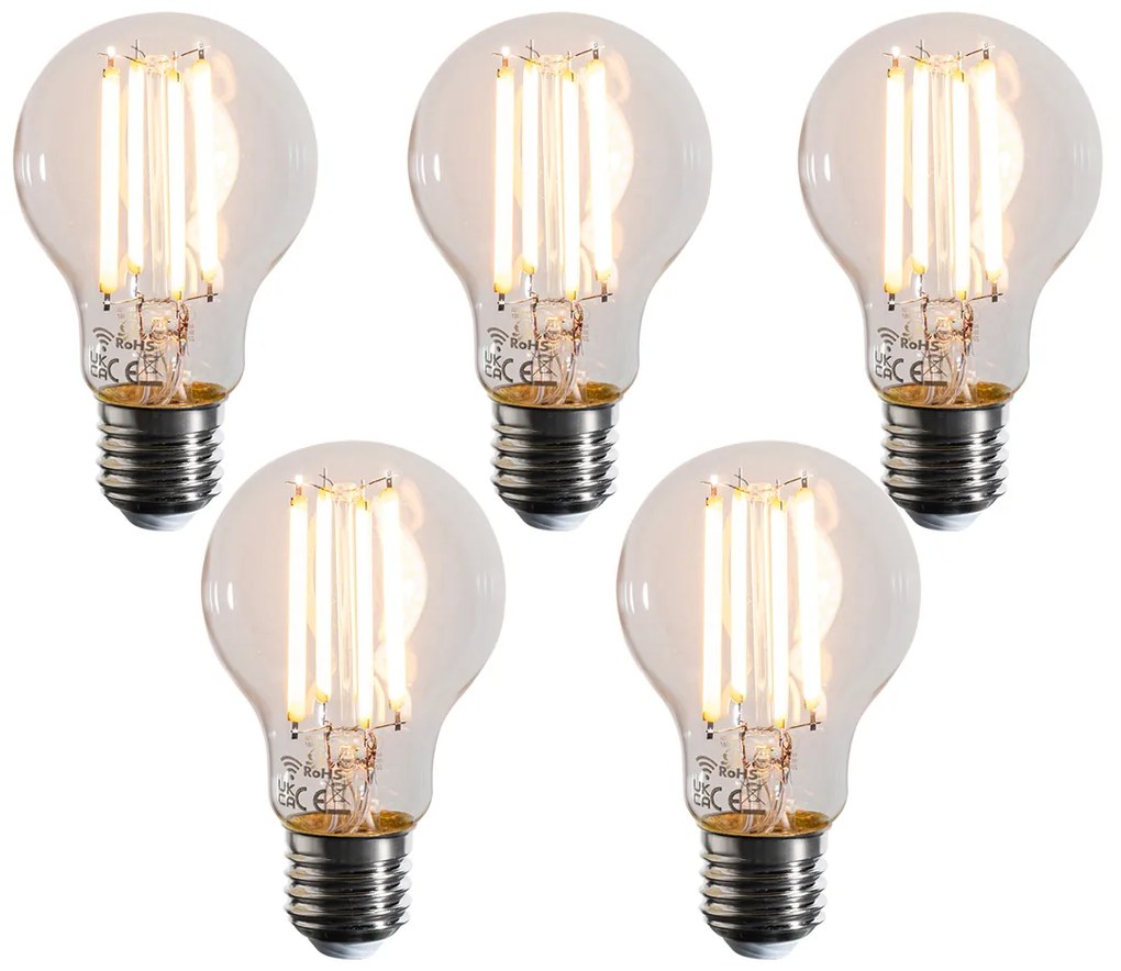 Conjunto de 5 lâmpadas LED E27 inteligentes reguláveis em Kelvin A60 transparente 7W 806 lm 1800-3000K