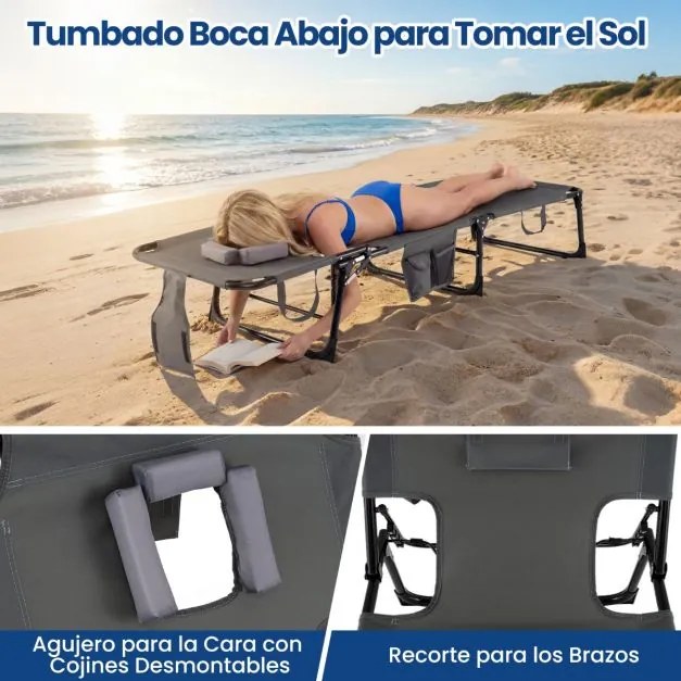 Espreguiçadeira dobrável para exterior, reclinável, com orifícios, apoio para o rosto, braços e encosto ajustável, bolsos, portátil, para praia e pisc