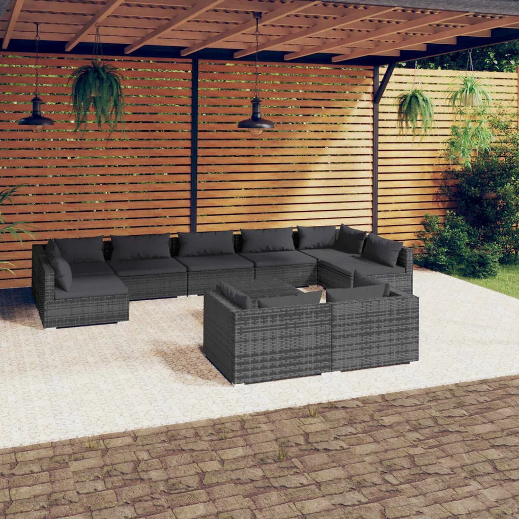 vidaXL 10 pcs conjunto lounge de jardim c/ almofadões vime PE cinzento