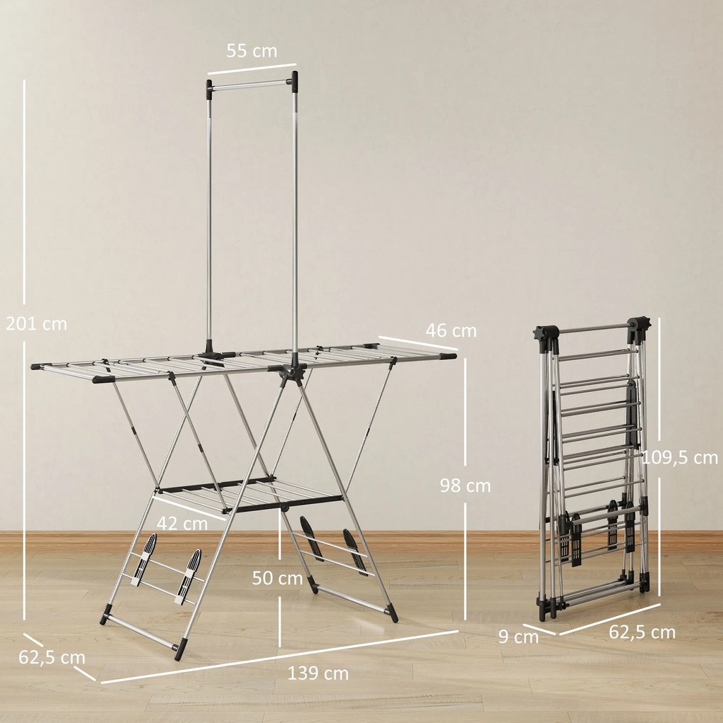 Estendal Vertical Dobrável com Laterais Ajustáveis em 5 Níveis 4 Suportes para Calçado 139x62,5x201 cm Prata
