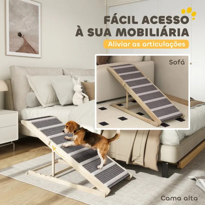 Rampa para Cães Dobrável com Altura Ajustável 41-60 cm e Tapete Antiderrapante 120x50x60 cm Madeira e Cinza
