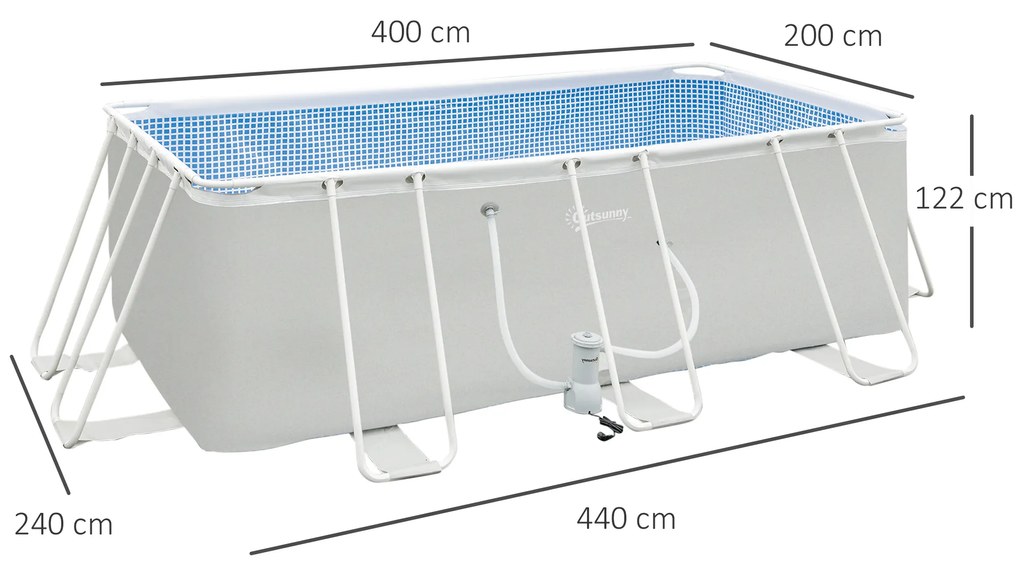Piscina Desmontável Tubular 440x240x122cm Piscina Retangular de Exterior com Purificador 4.000L/H Mangueiras de Comprimento 100cm e Estrutura de Aço C