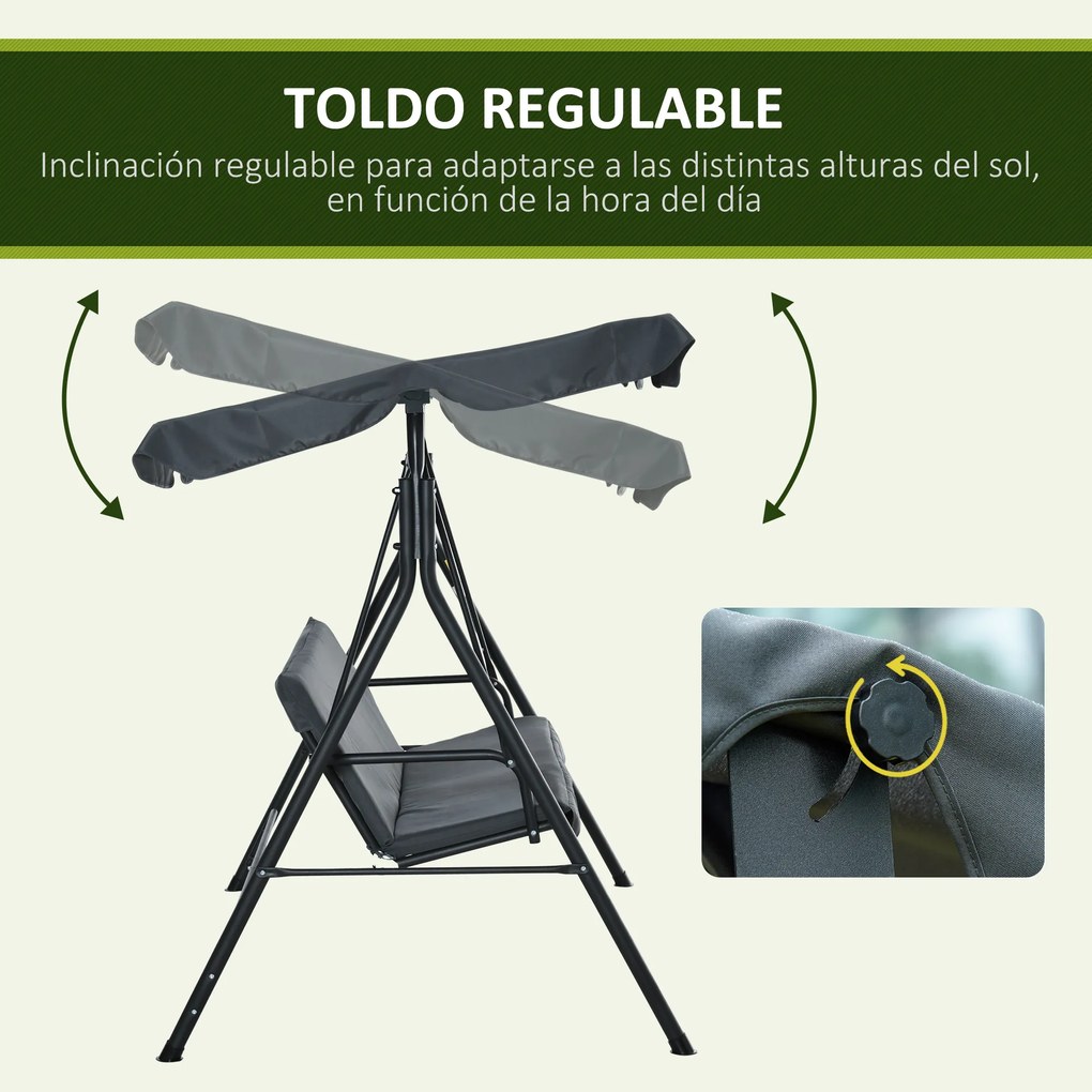 Outsunny Baloiço de Jardim de 3 Lugares com Almofada Toldo Ajustável e Estrutura de Metal para Balcão Terraço Patio Carga Máx. 200kg 172x110x153cm Cinza