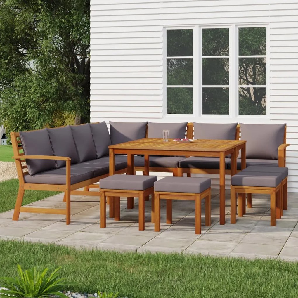 vidaXL 11 pcs conjunto de jantar p/ jardim c/ almofadões acácia maciça
