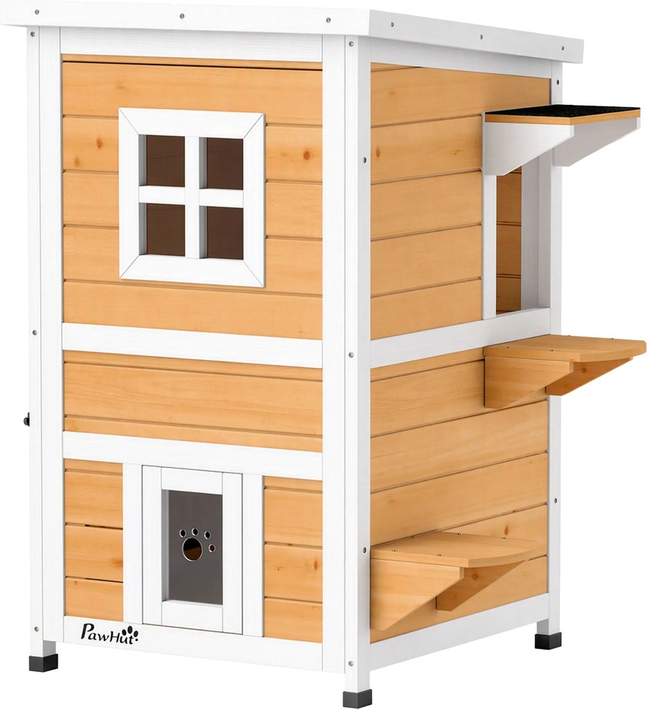 Casa de Madeira para Gatos de Exterior 2 Níveis com 3 Portas e Janela Amarela