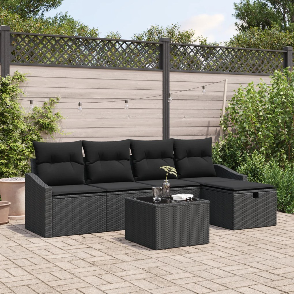 Conjunto de Sofá de Jardim de 6 Peças com Almofadas Preto Rattan Polié