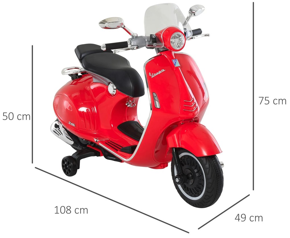 HOMCOM Mota Elétrica Vespa com Faróis Música 2 Rodas Auxiliares para C