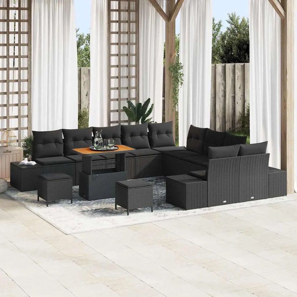 vidaXL Conjunto de Sofá de Jardim 13 Peças com Almofadas Pretas em Rattan e Poliéster