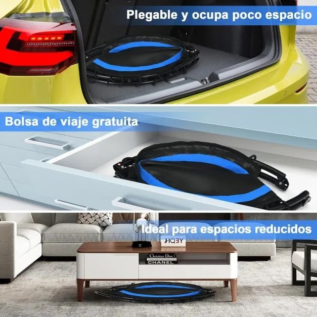 Trampolim Fitness Dobrável 150 KG com Barras de Apoio Ajustáveis e Capa de Segurança Acolchoada para Adultos e Crianças preto e azul