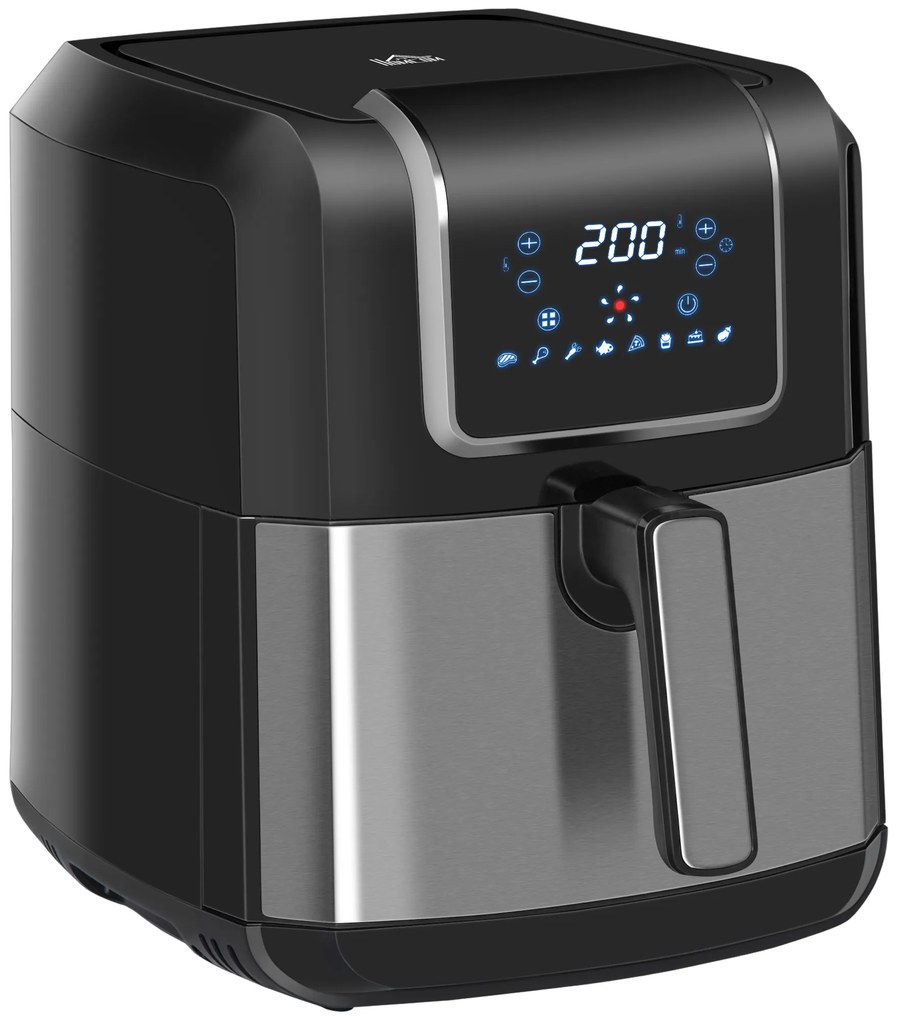 HOMCOM Fritadeira sem Óleo 6,5L 1700W Fritadeira de Ar Quente com 8 Programas Tela LED Tátil Temperatura Ajustável Temporizador e Cesta Antiaderente 36,5x29x33,8cm Preto