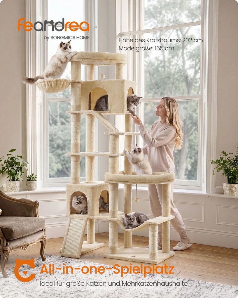 Grande arranhador para gatos 105 x 45 x 202 cm, com 6 áreas de descanso e troncos de sisal em bege