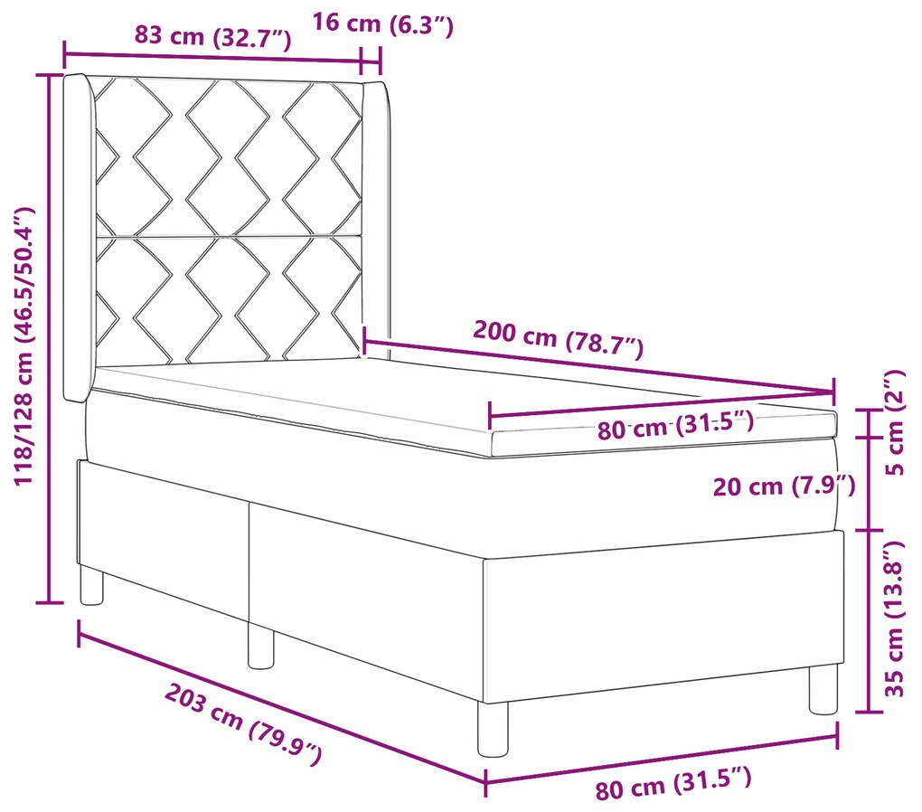Cama Box Spring vidaXL com Colchão e LED Preto 80x200 cm Veludo