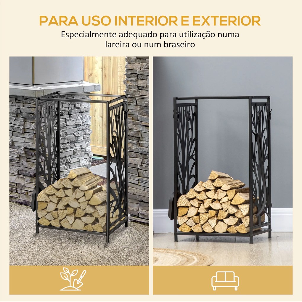 Suporte para Lenhas Suporte de Armazenamento para Lenhas 46x30x70 cm com 4 Ferramentas para Interior e Exterior Preto